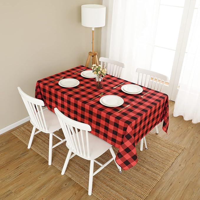 Softalker Christmas Gingham Checkered Rectangle Tablecloth - Buffalo Plaid Farmhouse Table Cloth Waterproof Stain Resistant Table Cover for Kitchen/Party/Holiday - Black and Red, 60 x 102 Inch