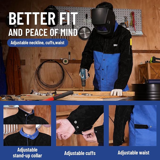 QeeLink Welding Jacket Split Leather Sleeves | Premium Flame Resistant Cotton Body Welder Jackets