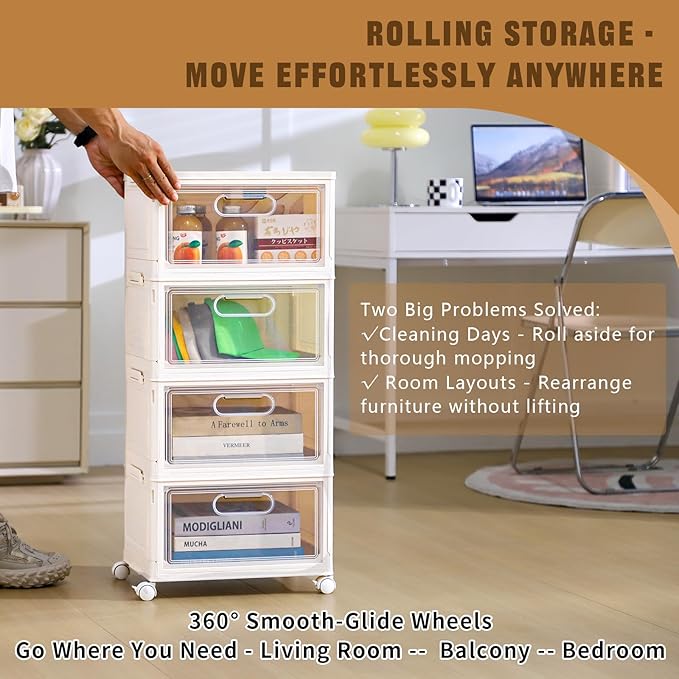 4-Tier Stackable Storage Bins with Lid, 23QT Storage Containers,Clear Foldable Plastic Drawer Storage on Wheels,Closet Organizers and Storage for Living Room,Bedroom,Office,Dorm