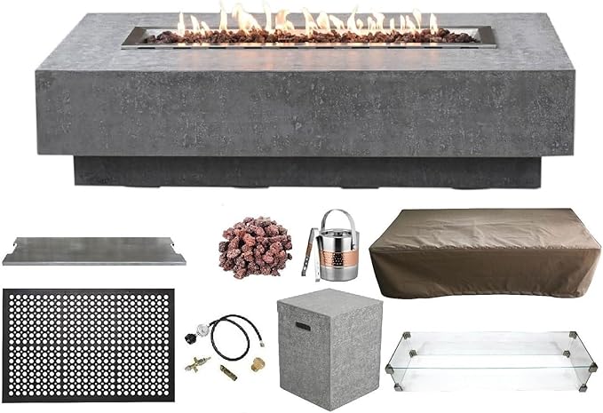Elementi | Bundle Hampton Gas Fire Pit Cast Concrete 56" Rectangular Fire Table, Outdoor Fire Pit Electronic Ignition | Canvas Cover, Lava Rock Included | Light Gray (Propane Gas)