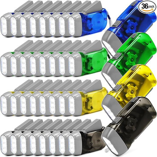 Treela 36 Pcs Hand Crank Flashlights Operation Christmas Items Bulk Squeeze Flashlight No Battery Required Torchlight 3 Powered Charging for Emergency(Green, Blue, Yellow, Grey)