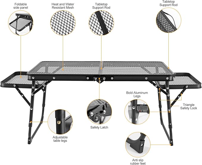 Camping Table Grill Table with Table Extension Board Adjustable Height Folding Tables Mesh Top Portable Grill for Outdoor Indoor Beach BBQ Picnic Travel RV Black
