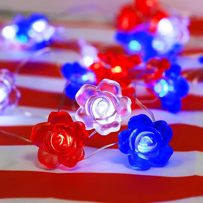 4th of July Decorations Rose Fairy Lights, 30 LED Red White Blue Rose String Lights with Remote Control Patriotic Lights for Memorial Day, Independence Day, Christmas Decor (Rose)
