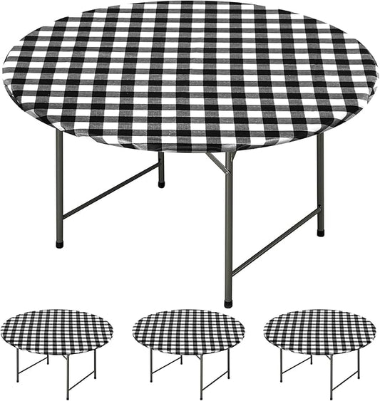 Fitable 4 Pack Vinyl Fitted Tablecloth Round, Black and White - Waterproof Checkered Elastic Tablecloth Flannel Backed Gingham Table Cover for Outdoor Picnic Dining (Fit for 36"-44" Round Tables)