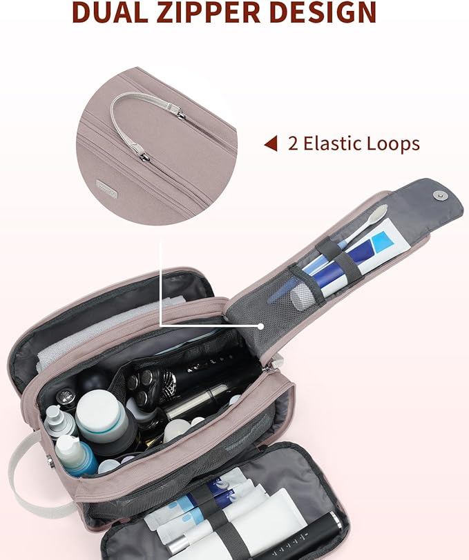 WANDF Toiletry Bag for Men Travel Toiletry Organizer Canvas and Leather Dopp Kit Water-Resistant Shaving Bag for Travel Accessories (Light Pink, Large)