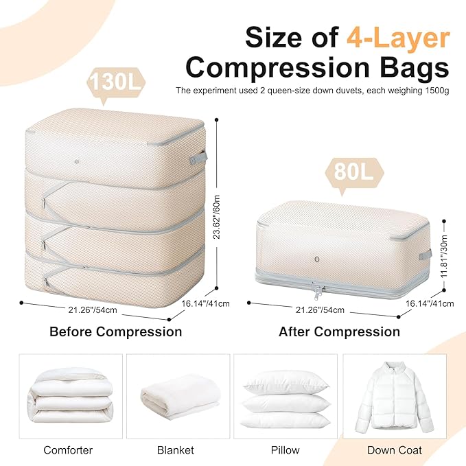 Comforter Storage Bag - 130L Large Capacity Blanket Storage Bags 4-Layer Ultra Space Saving Self Compression Organizer, Washable Compression Bags for Storage Comforter Blanket, 4-Pack, Beige