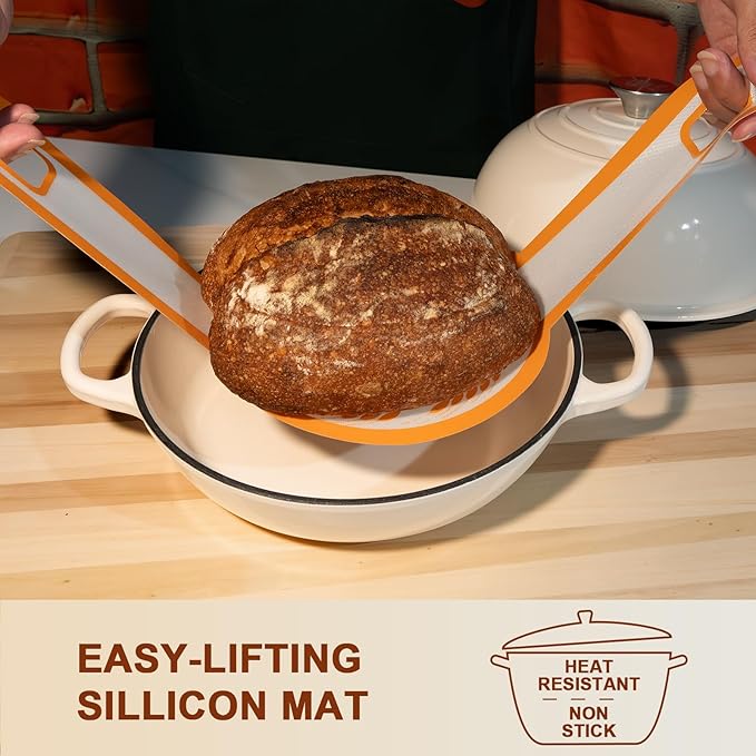 AHJ 6QT Dutch Oven For Bread Baking, Enameled Cast Iron Dutch Oven Pot with Lid, Multi-Functional Bread pan, Sourdough Baking Supplies with Proofing Basket, Cast Iron Bread Oven, Silicone Sling & Gloves.