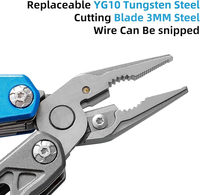 HANSHI Camping Axe Multitool with YG10 Tungsten Steel Replaceable Wire Cutters for Gift,17 in 1 Multi Tool with Spring-Action Pliers,Knife,Screwdriver,Flint Rob,Safty Whistle with Nylon Sheath (Blue)