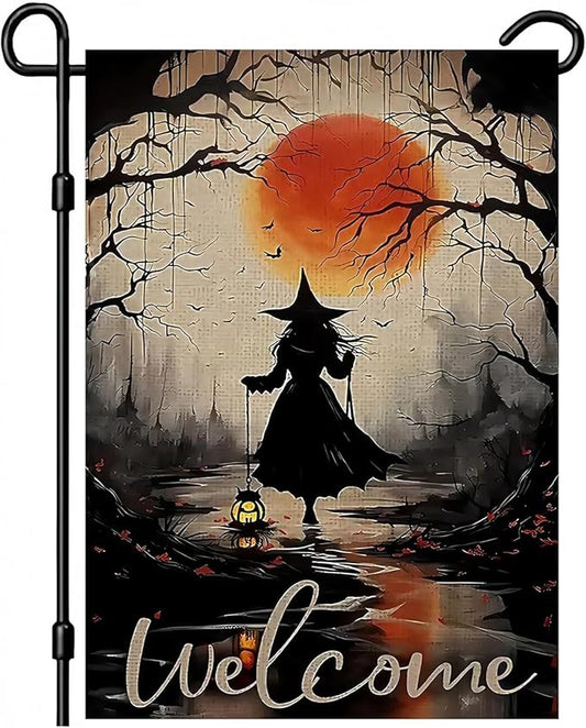 Halloween Garden Flag for Outside 12x18 Inch Double Sided, Witch Small Yard Flags for Outside, Outdoor Welcome Flag Front Porch Decorations for Home