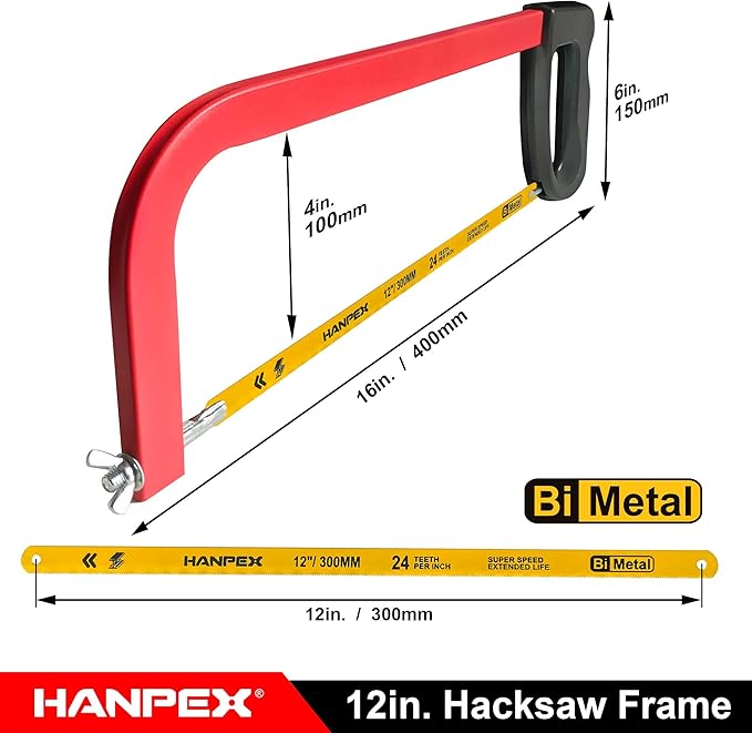 12in. High-Tension Hacksaw Frame with 24 TPI Bi-metal Blade, Hand Saw Suitable for Metal, wood, PVC, Carpentry（Black Handle）