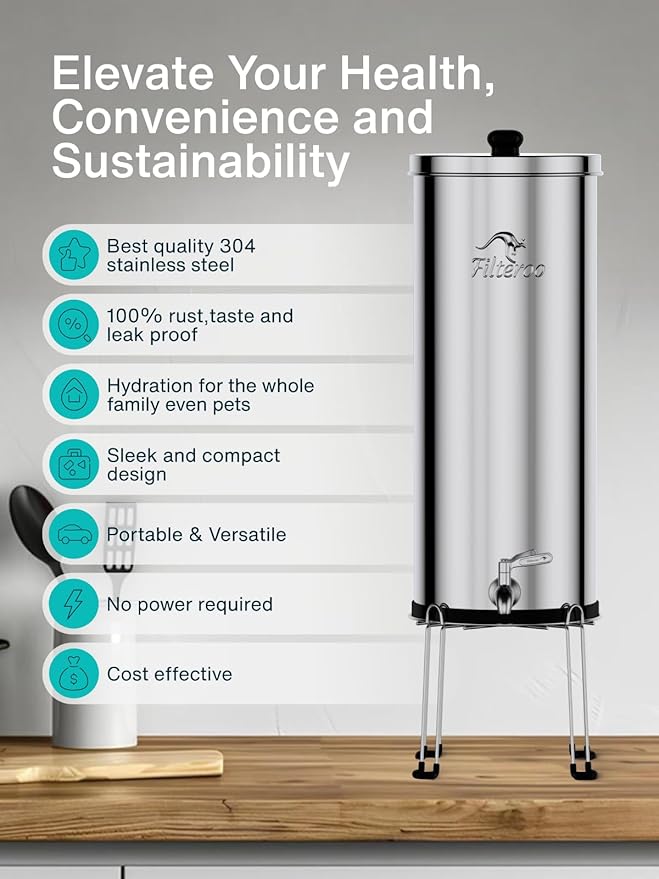 Countertop Gravity Water Filter System - 3.17 Gal/12L | 304 Stainless Steel | Gravity-Fed Water Purifier with 2 Fluoride & Chlorine Reduction Ceramic Cartridges | Also Removes Bacteria & Heavy Metals