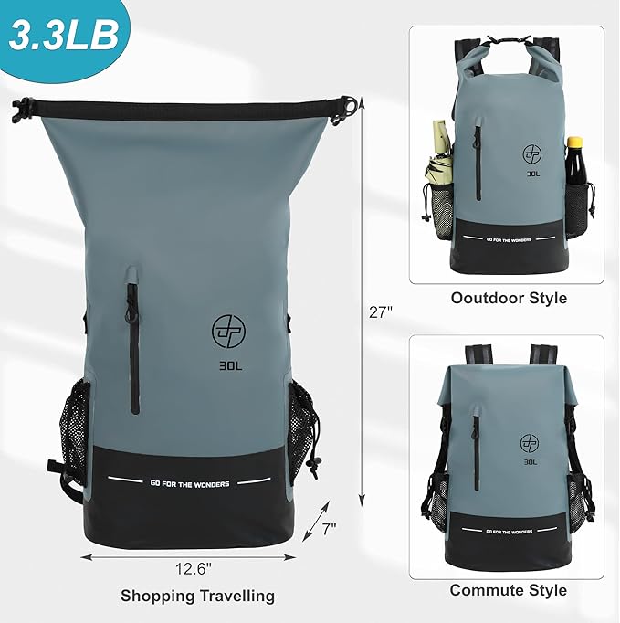 UPWELL 30L Waterproof Dry Bag Boating Backpack for Travel Hiking Camping Kayaking Hiking Swimming Floating Submersible Dry Bag grey