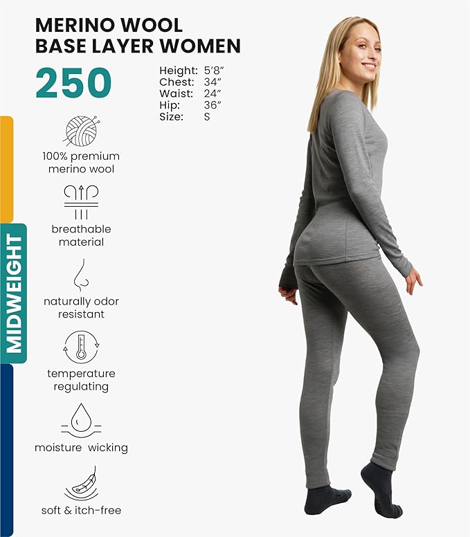 Merino.tech Merino Wool Base Layer Women Set - Heavyweight, Lite, Midweight Merino Thermal Underwear For Women Top, Bottom