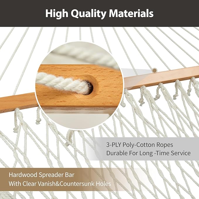 Outdoor Double Hammock with Hardwood Spreader Bars, Large Rope Hammock with Polyester Pad and Pillow, 475 LBS Capacity for 2 Person Patio Backyard Poolside - Tan