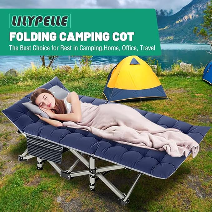 LILYPELLE Folding Camping Cot, Extra Wide Heavy Duty Sleeping Cots with Carry Bag, Double Layer Oxford Portable Travel Camp Cots for Home, Office Nap and Outdoor Beach