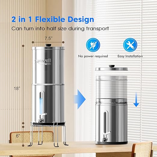 Purewell 1.5G Gravity Water Filter System with Water Level Window, 8-Stage 0.01μm Ultra-Filtration Stainless Steel Countertop System with 4 Filters and Stand, Reduce Fluoride and Chlorine, PW-MKS-CF