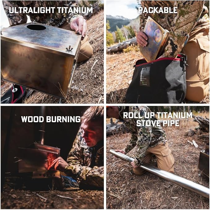 Seek Outside Titanium Wood Stove for Backpacking Camping Hunting | Medium Standard Stove With 5.5' Pipe