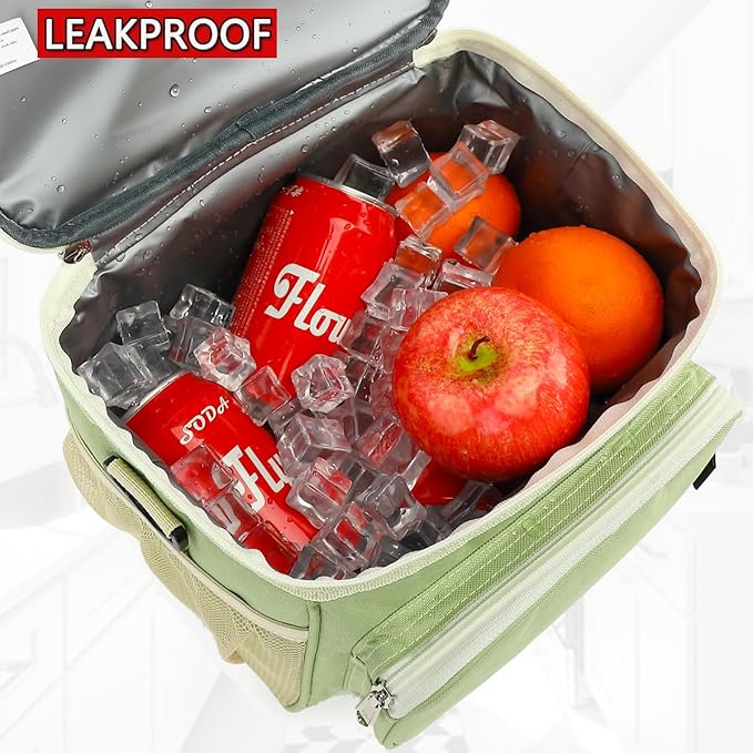 FlowFly Insulated Reusable Lunch Bag Adult Large Lunch Box for Women and Men with Adjustable Shoulder Strap,Front Zipper Pocket and Dual Large Mesh Side Pockets,Light Matcha