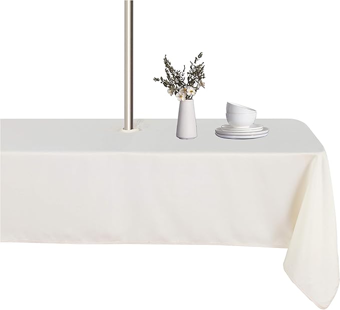 LUSHVIDA Rectangle Outdoor Tablecloth with Umbrella Hole and Zipper, 60x84 Inch Beige, Washable Waterproof Table Cloth Spill Proof Wrinkle Free Table Cover for Patio Spring Summer Picnic BBQS