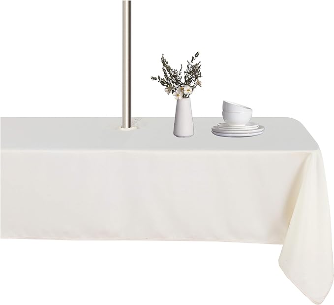 LUSHVIDA Rectangle Outdoor Tablecloth with Umbrella Hole and Zipper, 60x120 Inch Beige, Washable Waterproof Table Cloth Spill Proof Wrinkle Free Table Cover for Patio Spring Summer Picnic BBQS