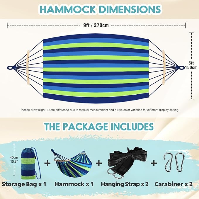 Anyoo Garden Cotton Hammock Comfortable Fabric Hammock with Spreader Bar Sturdy Hammocks Up to 450lbs Portable Lightweight Hammocks with Travel Bag for Camping Outdoor/Indoor Patio Backyard