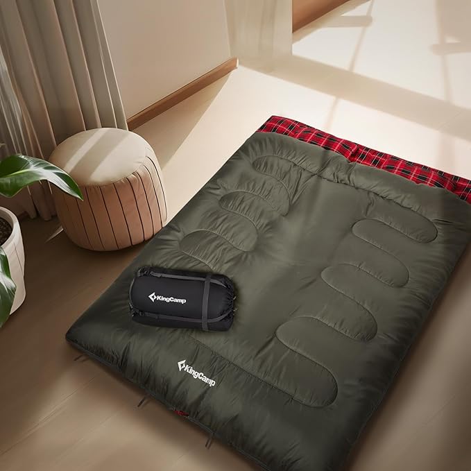 KingCamp Double Sleeping Bag for Adults, Queen Size 2 Person XXL Flannel Sleeping Bag, Waterproof Lightweight Flannel Quilt with 2 Pillows, Perfect for Couples Family Camping Hiking