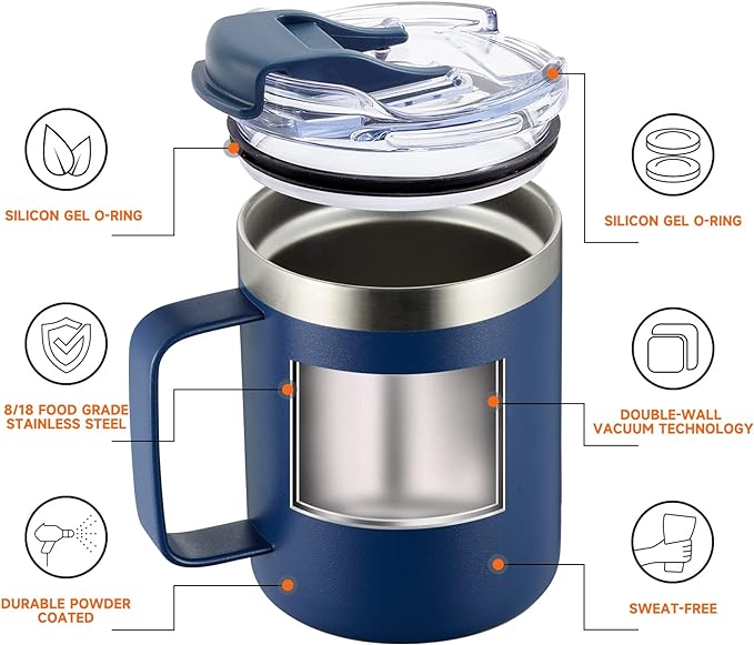 ALOUFEA 12oz Insulated Coffee Mug Cup with Handle, Stainless Steel Travel Coffee Mug with Flip Lid, Double Wall Vacuum Coffee Tumbler, Navy