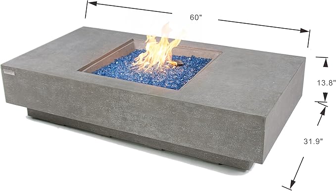 Elementi+ | Bundle Monte Carlo Gas Fire Pit Cast Concrete 60" Rectangular Fire Table | Electronic Ignition | Canvas Cover, Fire Glass and Burner Lid Included | Light Gray | Propane Gas