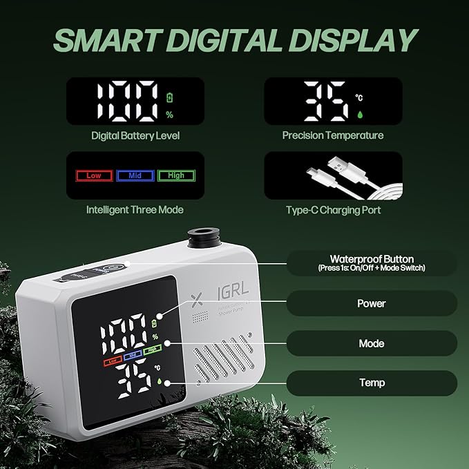 Portable Shower for Camping, Powerful 10L/Min Water Flow, Rechargeable Shower Pump with Bath Sponge, 4 Spray Modes, IPX8 Waterproof, 7800mAh Battery, Ideal for Hiking, Travel, Car Wash, Pet