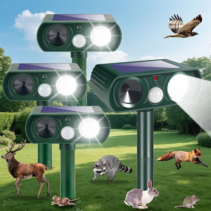 Solar Ultrasonic Animal Repeller Outdoor Cat Repellent Sonic Fortress Pro Deer Repellent with Motion Sensor & Strobe Light,Animal Deterrent Devices for Squirrel Racoon Skunk Rabbit Garden Yard, 4 Pack