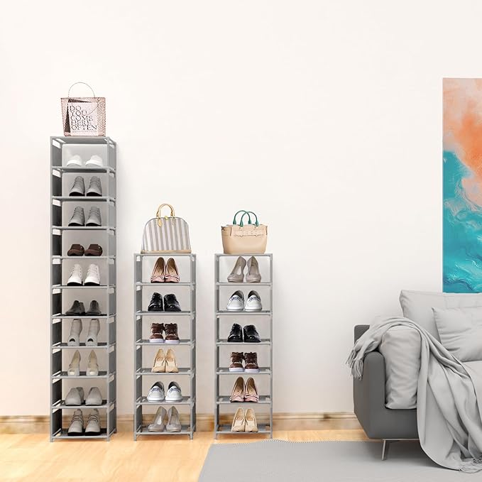 Vertical Shoe Rack, 10 Tier Grey Narrow Shoe Organizer for Closet Entryway, Tall Slim Shoe Tower for Small Spaces, Space Saving Corner Shoe Shelf
