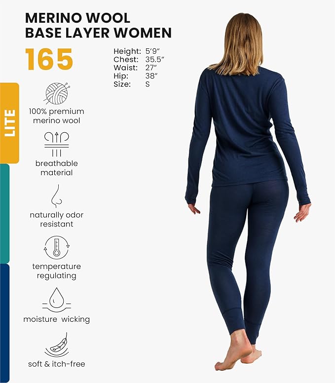 Merino.tech Merino Wool Base Layer Women Set - Heavyweight, Lite, Midweight Merino Thermal Underwear For Women Top, Bottom