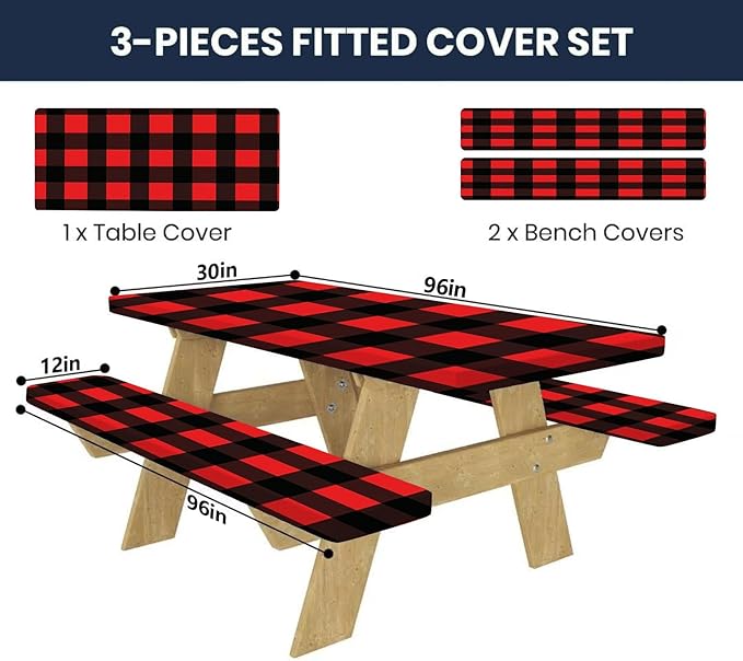 CAPSCEOLL Fitted Picnic Table Cover with Bench Covers with Elastic 8Ft Waterproof Picnic Table Cloths Windproof Outdoor Camping Tablecloth with Drawstring Bag, 96X30in, Black Red