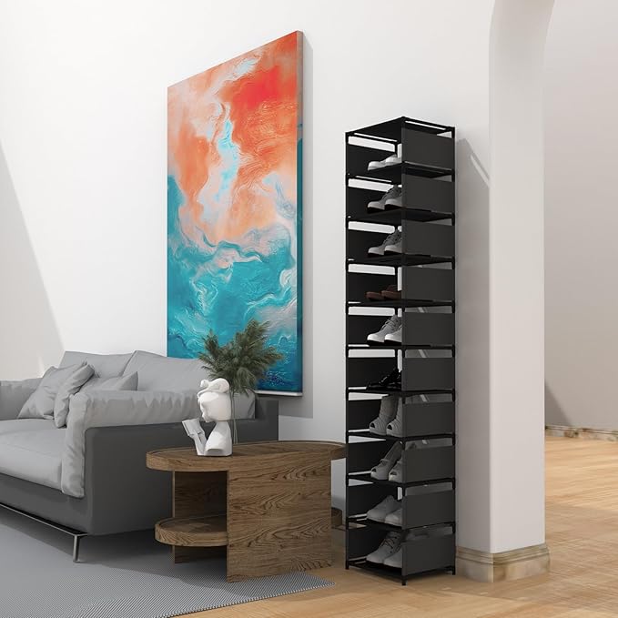 Vertical Narrow Tall Shoe Rack for Front Door Entrance,10 Tiers Sturdy Metal Shoe Rack Organizer for Closet Entryway, Storage Shelf, Space Saving Stackable Shoe Tower