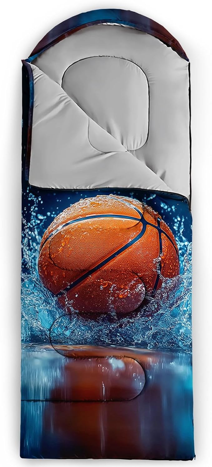 Kids Sleeping Bag for Boys Girls,3D Basketball Print-Lightweight Warm Portable Outdoor Indoor-Waterproof Cold Weather Resistant Sleeping Bag for Camping Hiking
