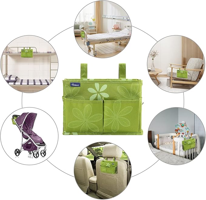 Surblue Bedside Caddy Hanging Bed Organizer Storage Bag Pocket for Bunk and Hospital Beds, College Dorm Rooms Baby Bed Rails,Camp Chiars，Wheelchair Side Bag，4 Pockets and 2 Hooks (Flower)