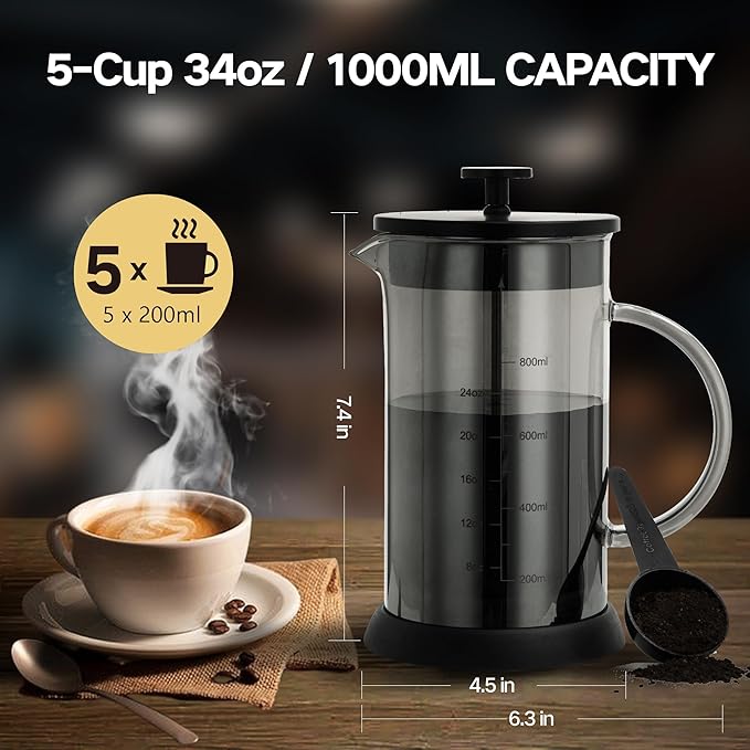 34 Ounce French Press Coffee Maker, 5-Cup Espresso Coffee Maker, Grey Cold Brew Heat Resistant Thickened Borosilicate Coffee Pot with 4 Stainless Steel Filter Screens
