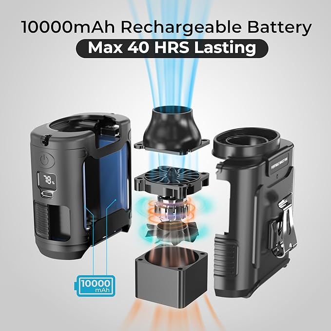 10000mAh Portable Waist Clip Fan, 40H Cooling Personal Wearable Fan, 5 Speeds 16000RPM Strong Belt Fan, Rechargeable Hands-free Neck Fan With Flashlight for Outdoor Jobsite Camping Traveling (Black)