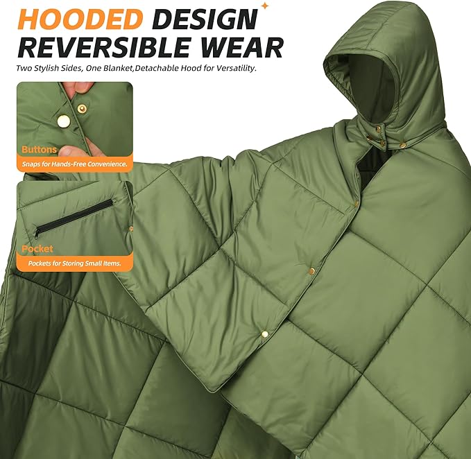 Puffy Camping Blanket with Detachable Hooded Snap-Poncho Waterproof Double-Sided Printed Reversible for Travel, Hike Cold Weather, Army