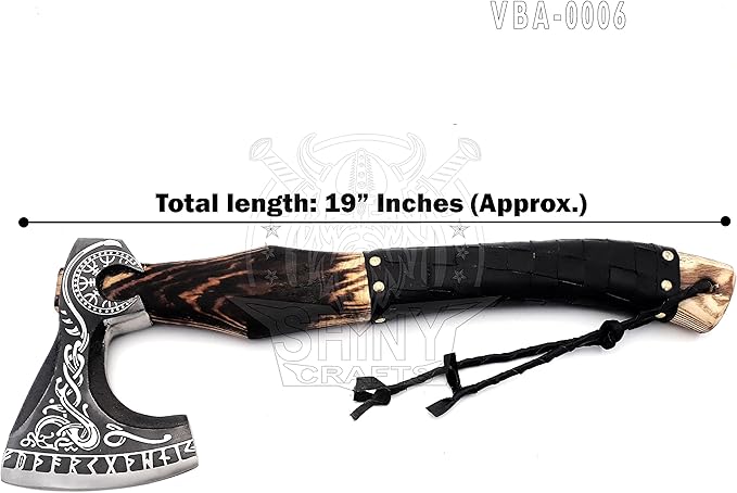 SHINY CRAFTS-Axes Handmade Viking Axe Hatchet Norse Battle Axe-Valhalla Runic Axe, Carbon Steel Viking Axe Head, Engraved Handle, Wolf Camp Axe, Genuine Leather Sheath & Wrap (VBA 06)