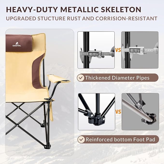 Reclining Camping Chair 4-Position Adjustable, Lightweight Folding Lounge Beach Chair for Adults with Removable Footrest & Headrest, Cup Holder & Storage Pouch for Outdoor(330lbs Capacity), Khaki