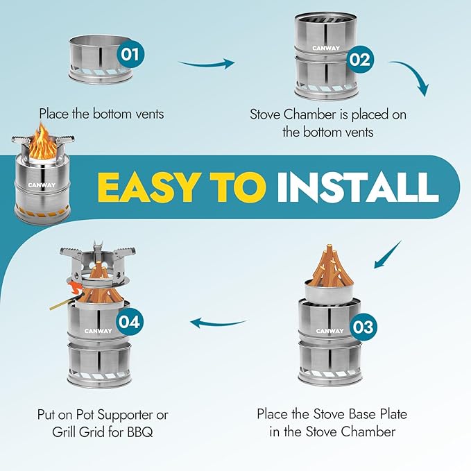 CANWAY Camping Stove, Wood Stove/Backpacking Survival Stove, Windproof Anti-Slip Portable Stainless Steel Wood Burning Stove with Nylon Carry Bag for Outdoor Backpacking Hiking Traveling Picnic BBQ