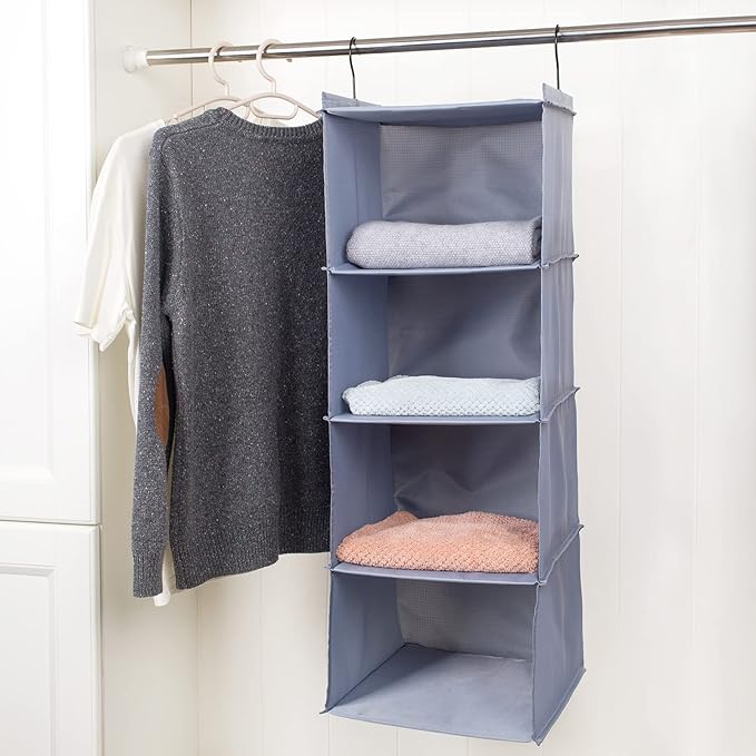 Hanging Closet Organizer, Easy Mount Foldable 4-Shelf Hanging Closet Wardrobe Storage Shelves, Clothes Handbag Shoes Accessories Storage, Washable Oxford Cloth Fabric, Gray