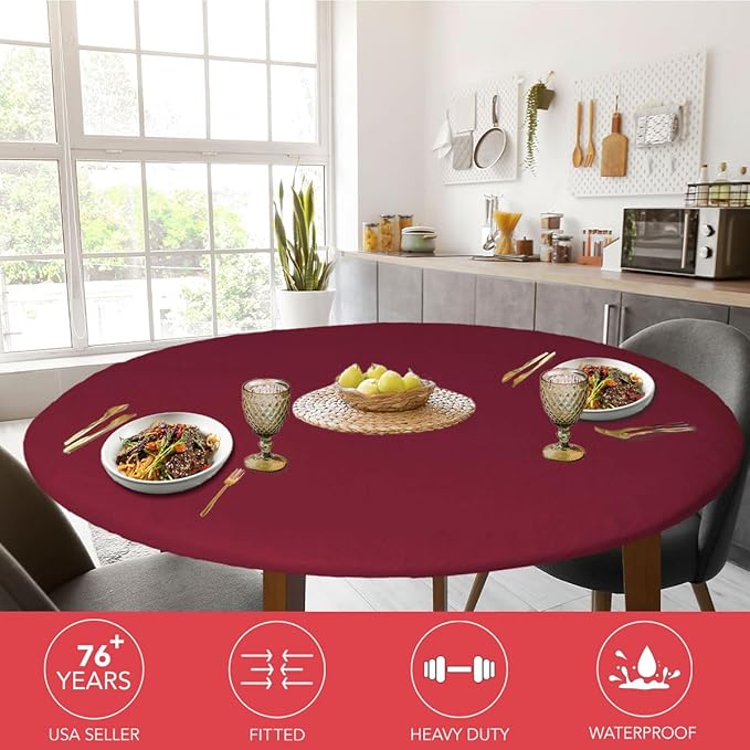 LAMINET Elastic Fitted Table Cover - Basketweave (RED) - Small Round - Fits Tables up to 44 Diameter