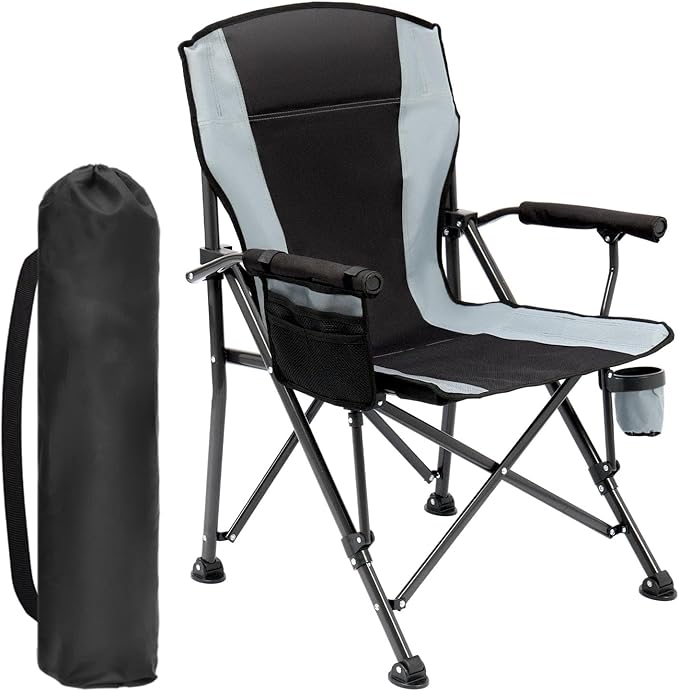 Oversized Folding Camping Chair for Adults, Supports 450 LBS Camping Chairs, Heavy Duty Camping Chair with Side Pockets, Foldable Outdoor Chair for Camping, Beach, Fishing, Hiking, Black-Gray