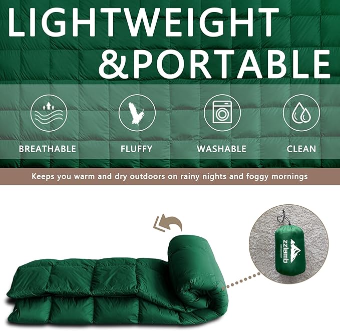 zzlamb Puffy Down Camping Blanket Water-Repellent, Down Throw Travel Blanket Portable for Outdoor, Light Warm Quilt for Couch Plane Car Theater Stadium Picnic RV Backpacking Hammock