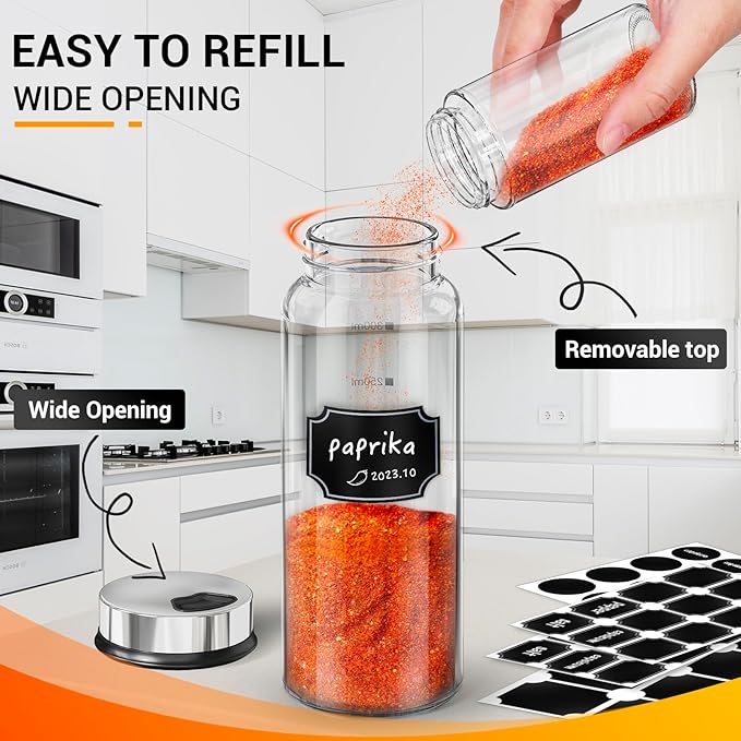 Segarty Spice Jar with Labels Set, 6 Pack 10oz Large Spice Jars with Shaker Lids, Empty Glass Spices Bottles for Salt Pepper Sugar, Seasoning Shakers with 136 Stickers, 1 Chalk Marker and 1 Brush