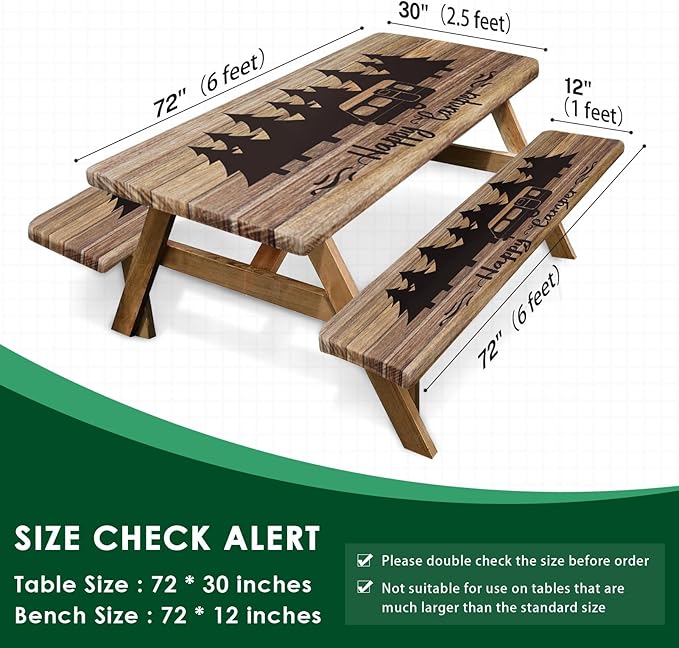 Picnic Table Cover with Bench Covers Elastic Edges, Wooden Camper Fitted Table Cover, Outdoor Patio Camping Essentials 72 Inch 3PCS, Waterproof Camping Fitted Tablecloth with Drawstring Bag