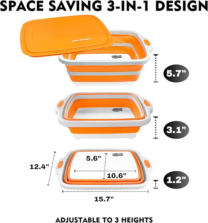 Collapsible Large (8L) BBQ Marinating Tub w/Cutting Board | Multipurpose Food-Grade TPE Prep Tub w/Lid | Built-in Colander & Drain Plug - for Camping | Tailgate | Picnic - Bold Orange