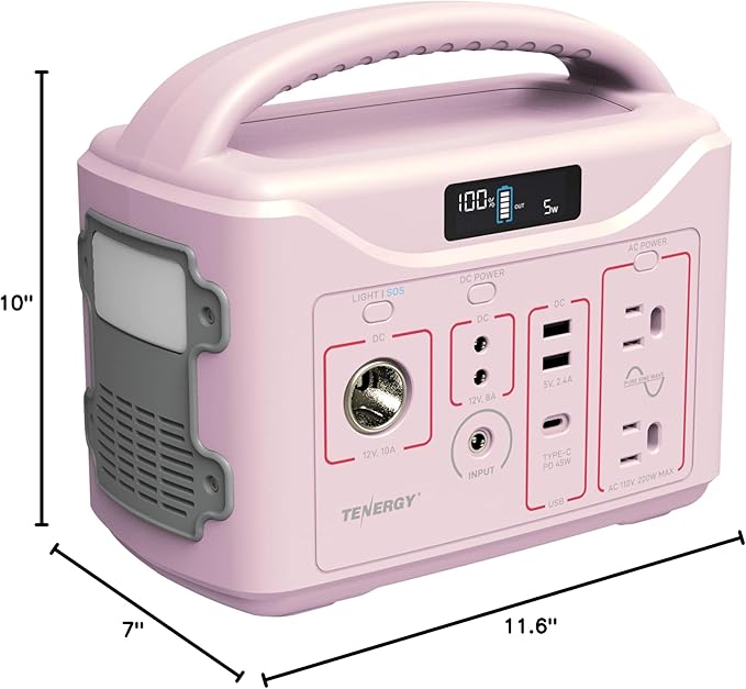 Tenergy T320 Portable Power Station, 300Wh Battery, 110V/200W (Surge 400W) Two Pure Sine Wave AC outputs, USB type C PD 45W, Mobile Power for Outdoors, RV, Hunting, Emergency Backup, Sandy Coral